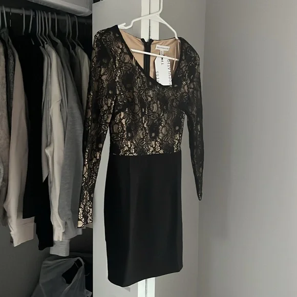 strapless open back dress Black Le Stretch Lace Plunge Mini Dress